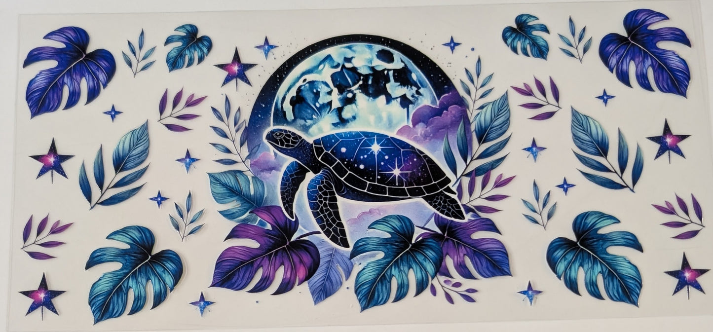 Teal and purple turtle with leaves